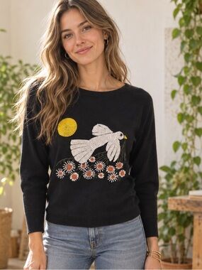 Black Beaded Peace Dove Floral Dolman Sweater M NWOT